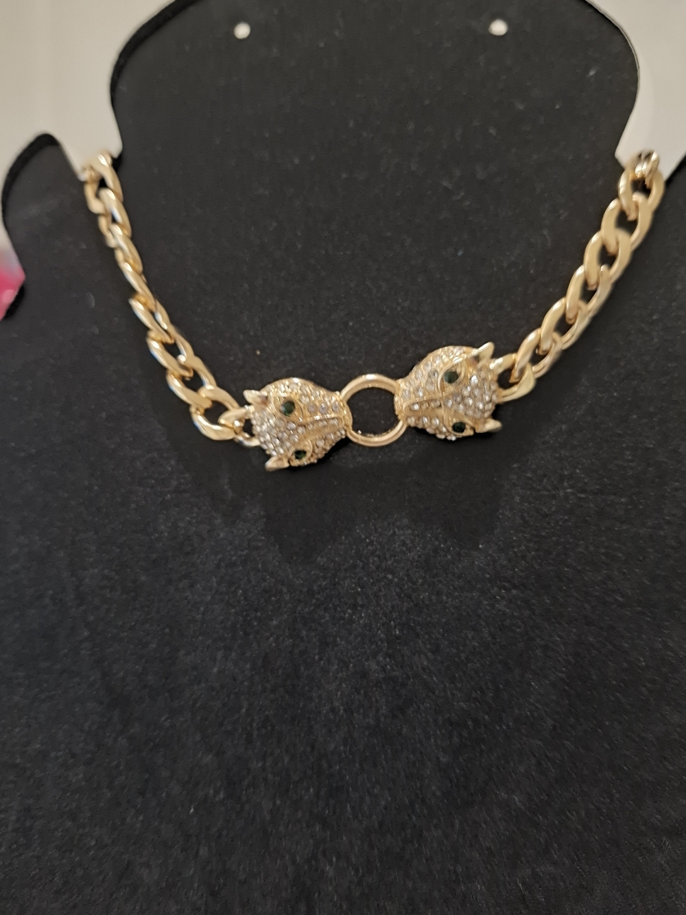 Gold Lion Head Link Necklace with Green Stone Eyes
